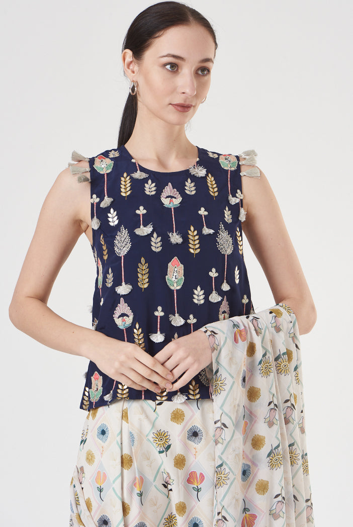Navy Art Crepe Embroidered Top And Cream Printed Art Crepe Dhoti Pants With Attached Printed Art Georgette Drape