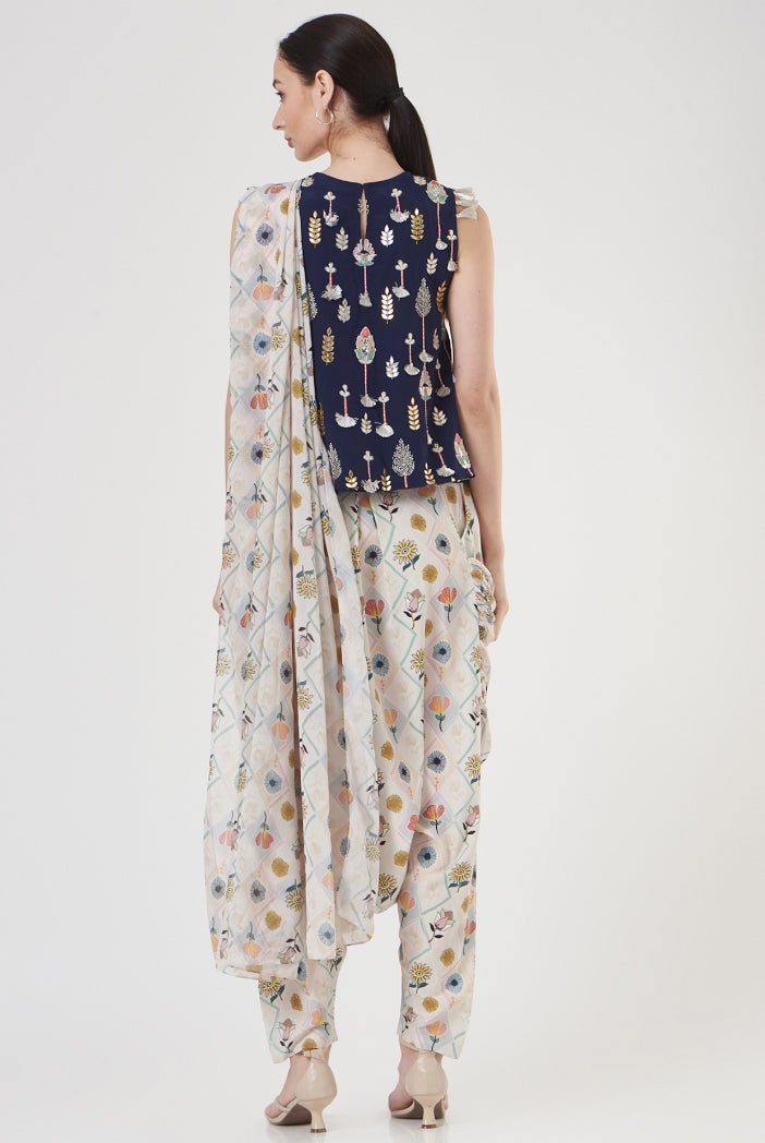 Navy Art Crepe Embroidered Top And Cream Printed Art Crepe Dhoti Pants With Attached Printed Art Georgette Drape