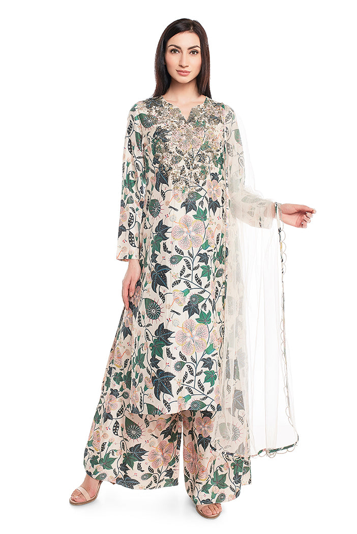 White Printed Cotton Silk Kurta with Palazzo and White Net Dupatta