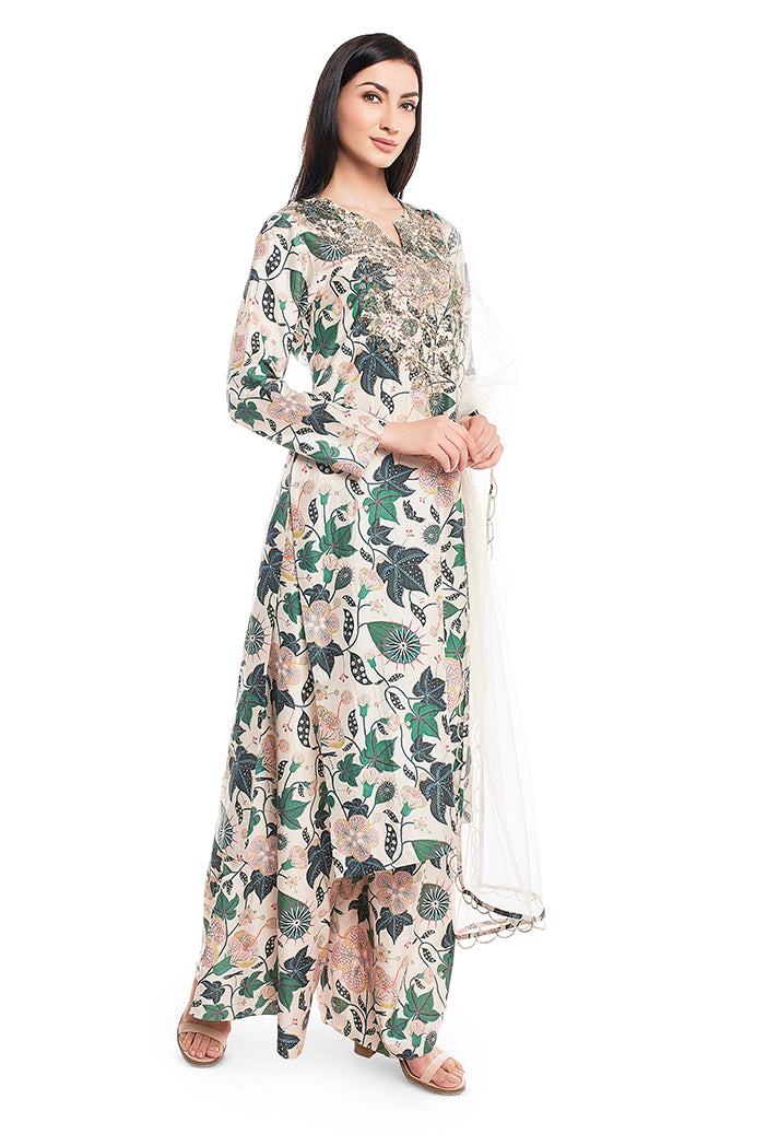 White Printed Cotton Silk Kurta with Palazzo and White Net Dupatta