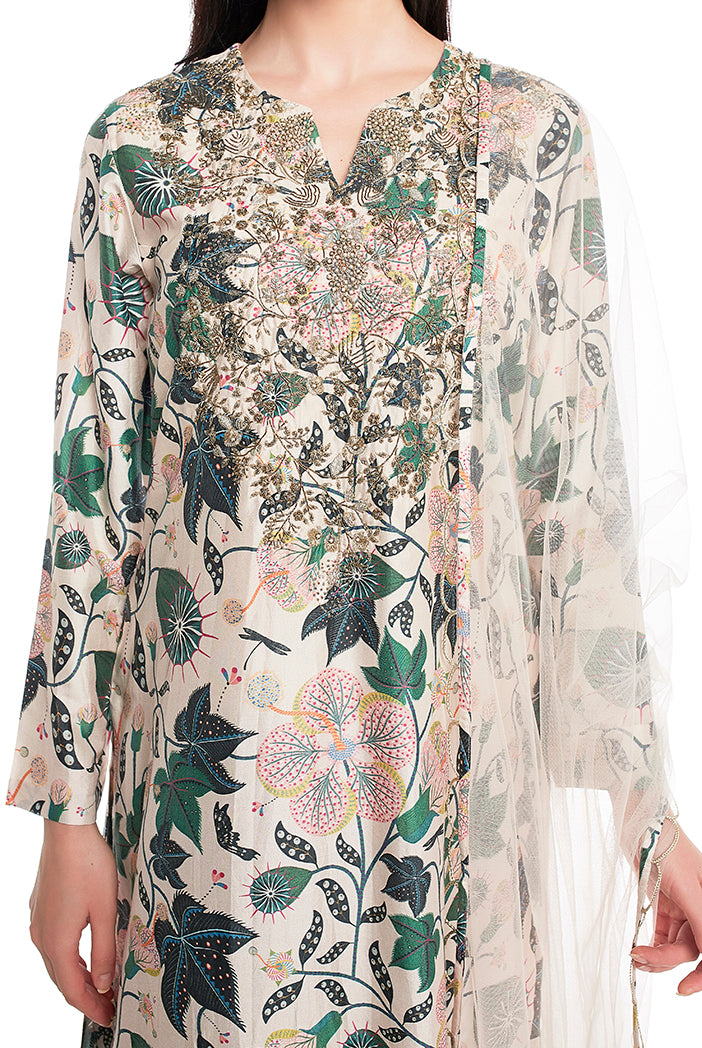 White Printed Cotton Silk Kurta with Palazzo and White Net Dupatta
