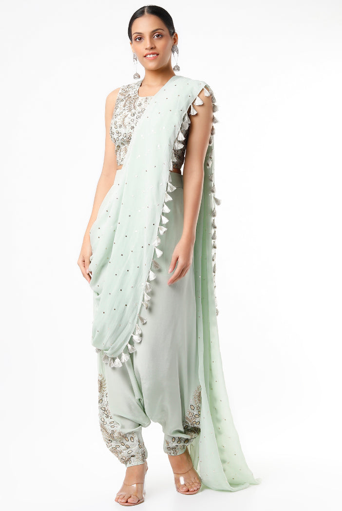 Powder Blue Embroidered Crepe Choli And Low Crotch Pants With Attached Dot Mukaish Georgette Drape