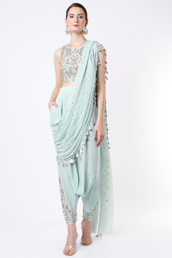 Mint Embroidered Crepe Choli And Low Crotch Pants With Attached Dot Mukaish Georgette Drape