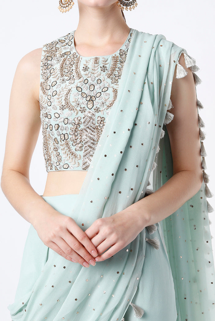 Mint Embroidered Crepe Choli And Low Crotch Pants With Attached Dot Mukaish Georgette Drape