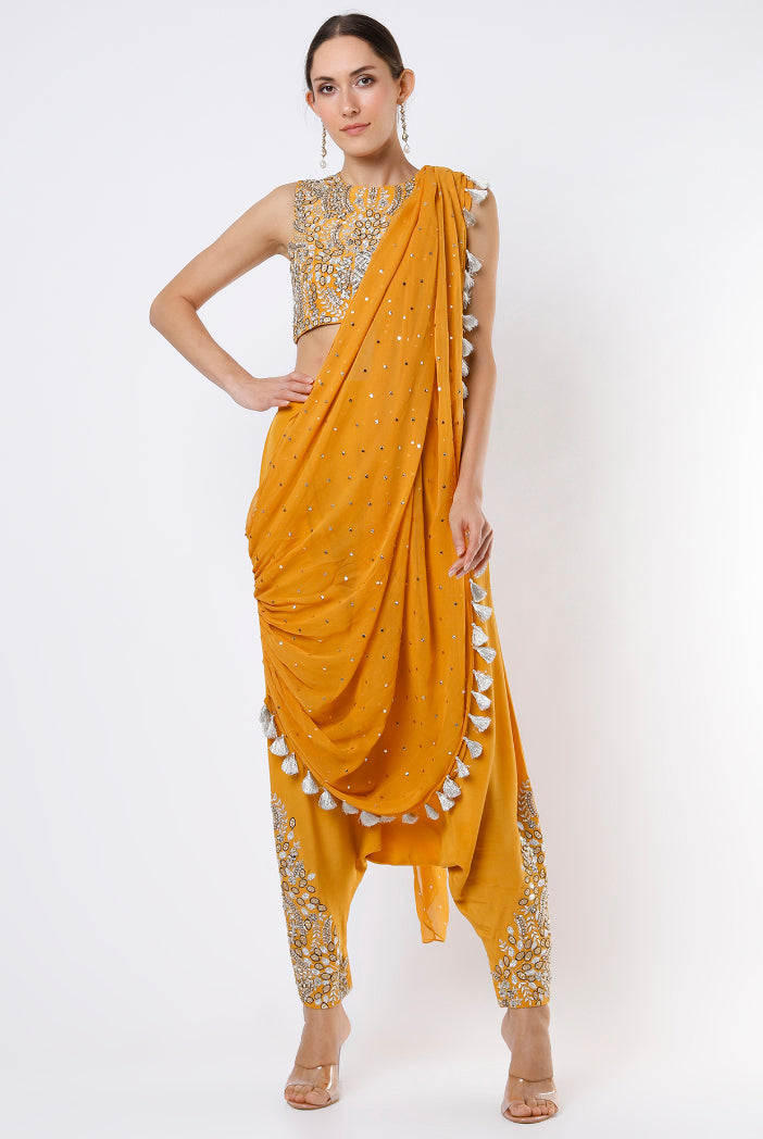 Mustard Embroidered Crepe Choli And Low Crotch Pants With Attached Dot Mukaish Georgette Drape