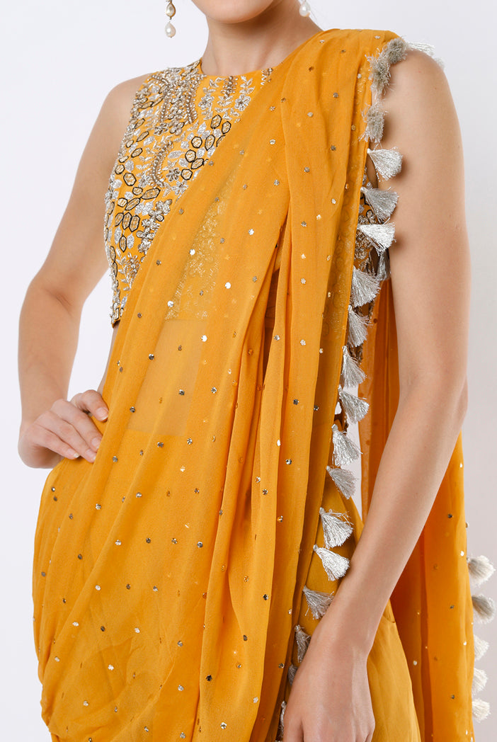 Mustard Embroidered Crepe Choli And Low Crotch Pants With Attached Dot Mukaish Georgette Drape