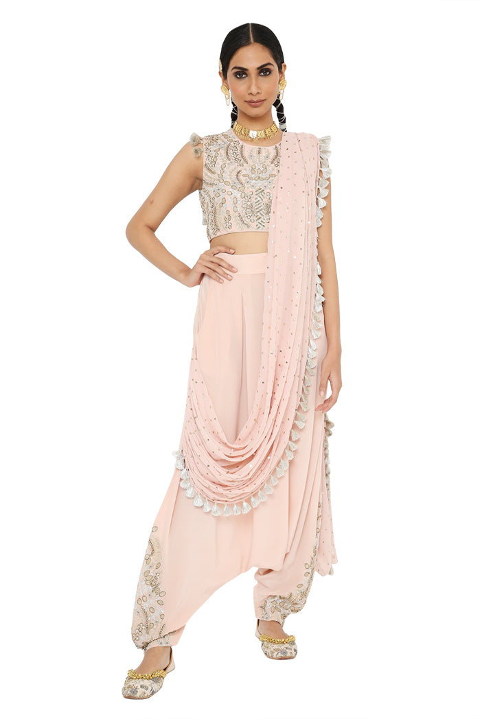 Suroor Rose Pink Colour Embroidered Choli And Dhoti With Drape