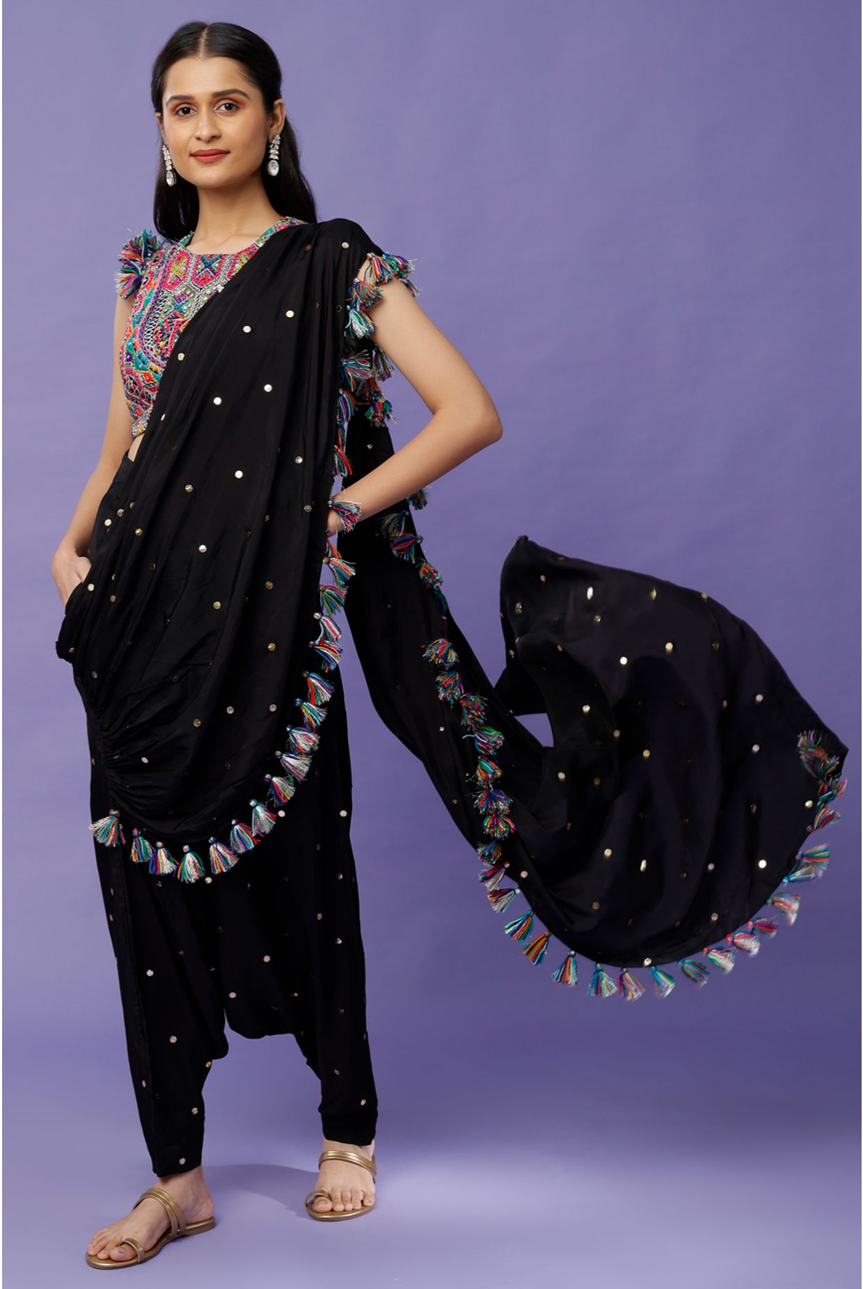 Black Georgette Embroidered Choli And Mukaish Silk Low Crotch Pant With Attached Drape