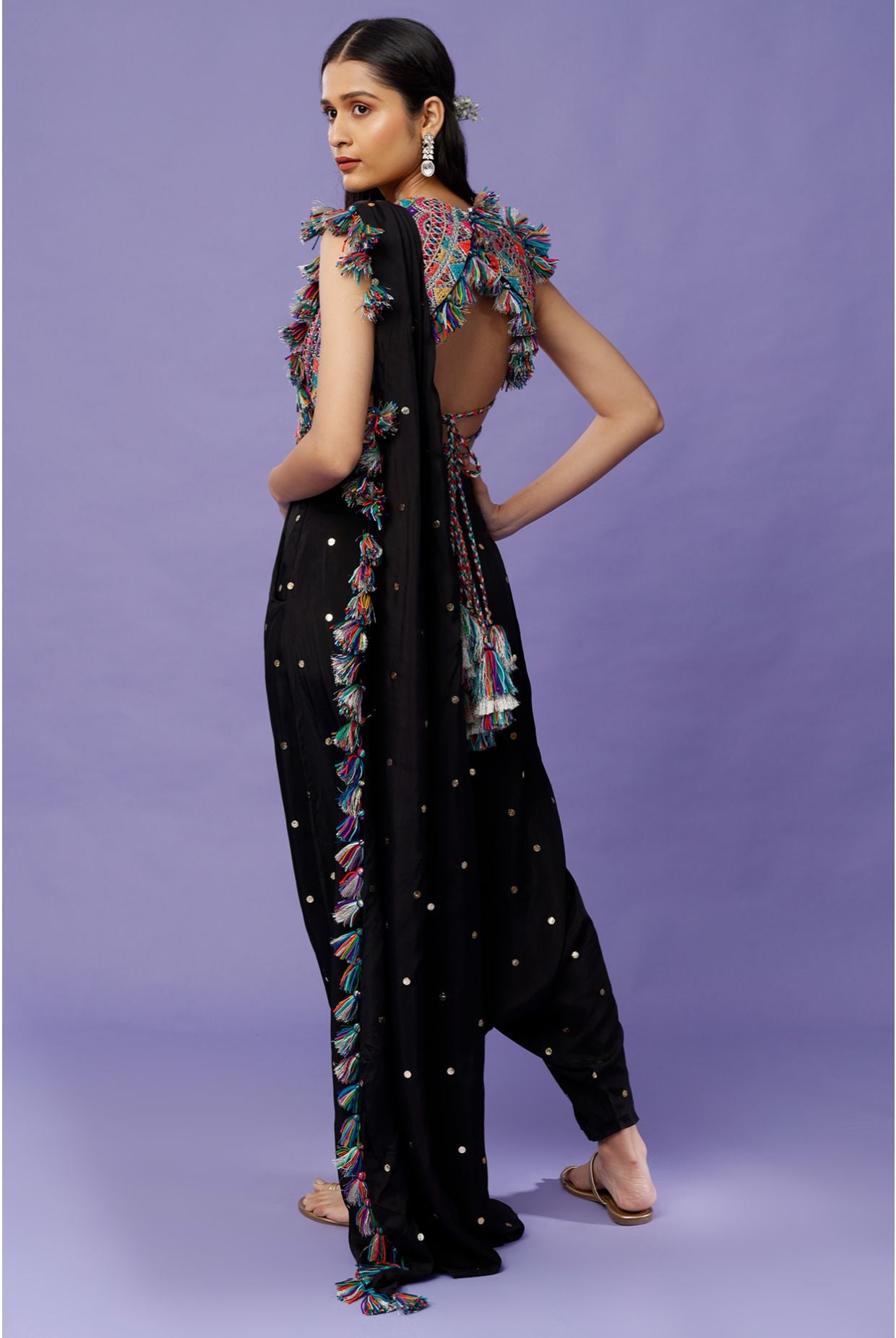 Black Georgette Embroidered Choli And Mukaish Silk Low Crotch Pant With Attached Drape