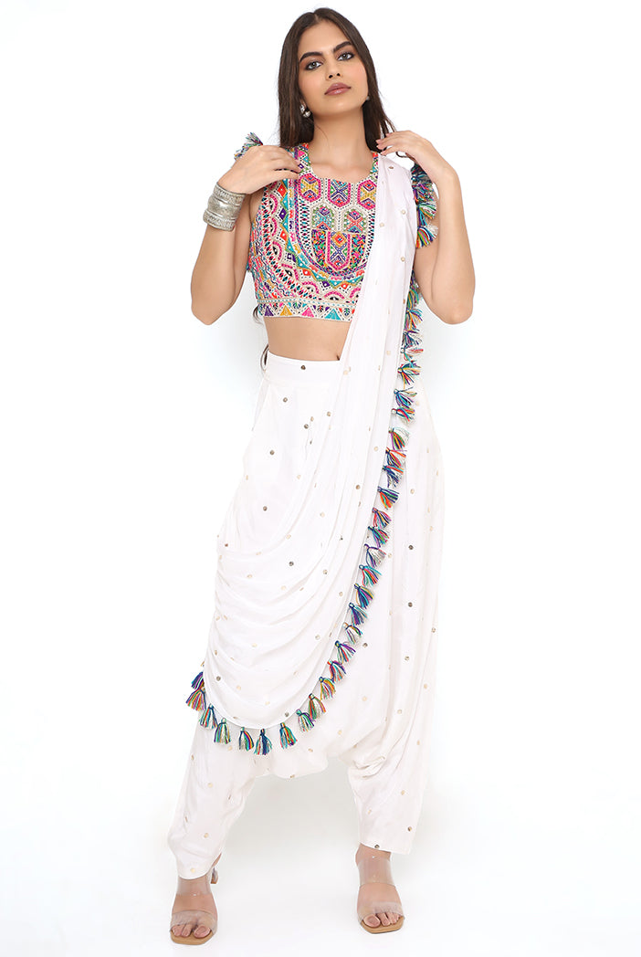 Off White Georgette Embroidered Choli And Mukaish Silk Low Crotch Pant With Attached Drape