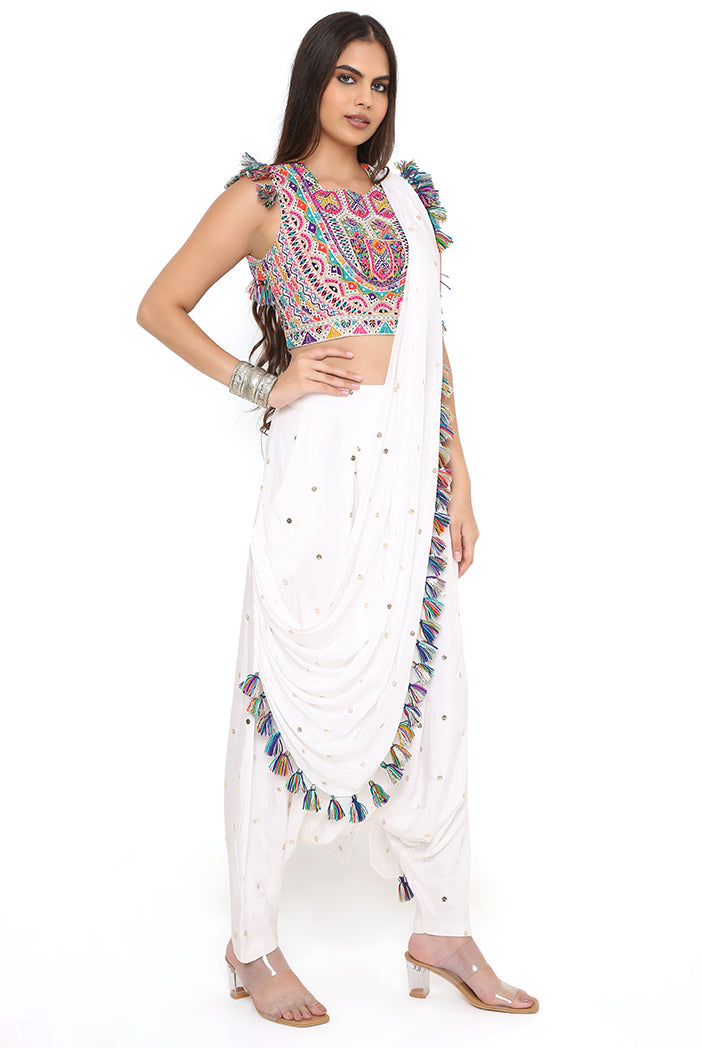 Off White Georgette Embroidered Choli And Mukaish Silk Low Crotch Pant With Attached Drape