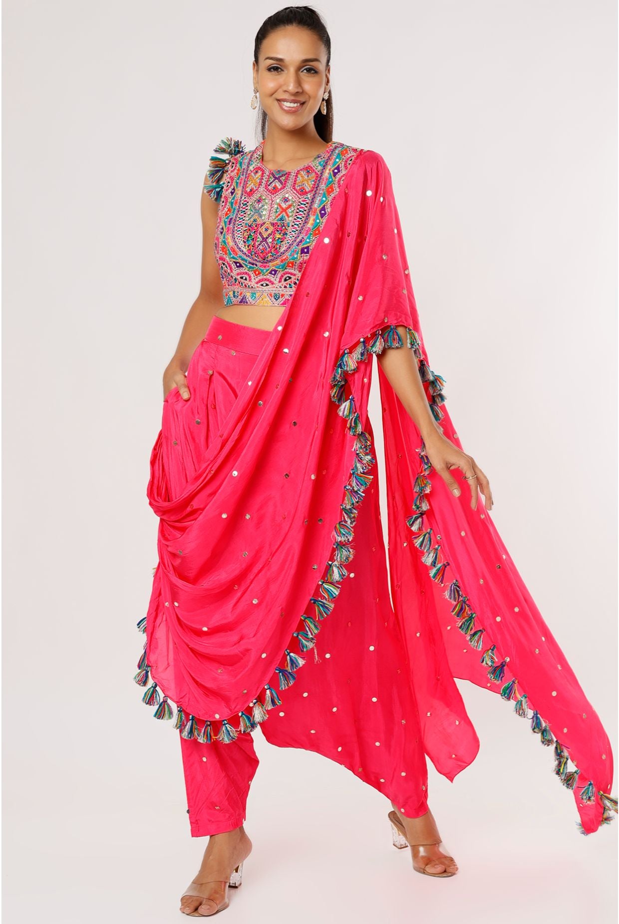 Pink Georgette Embroidered Choli And Mukaish Silk Low Crotch Pant With Attached Drape