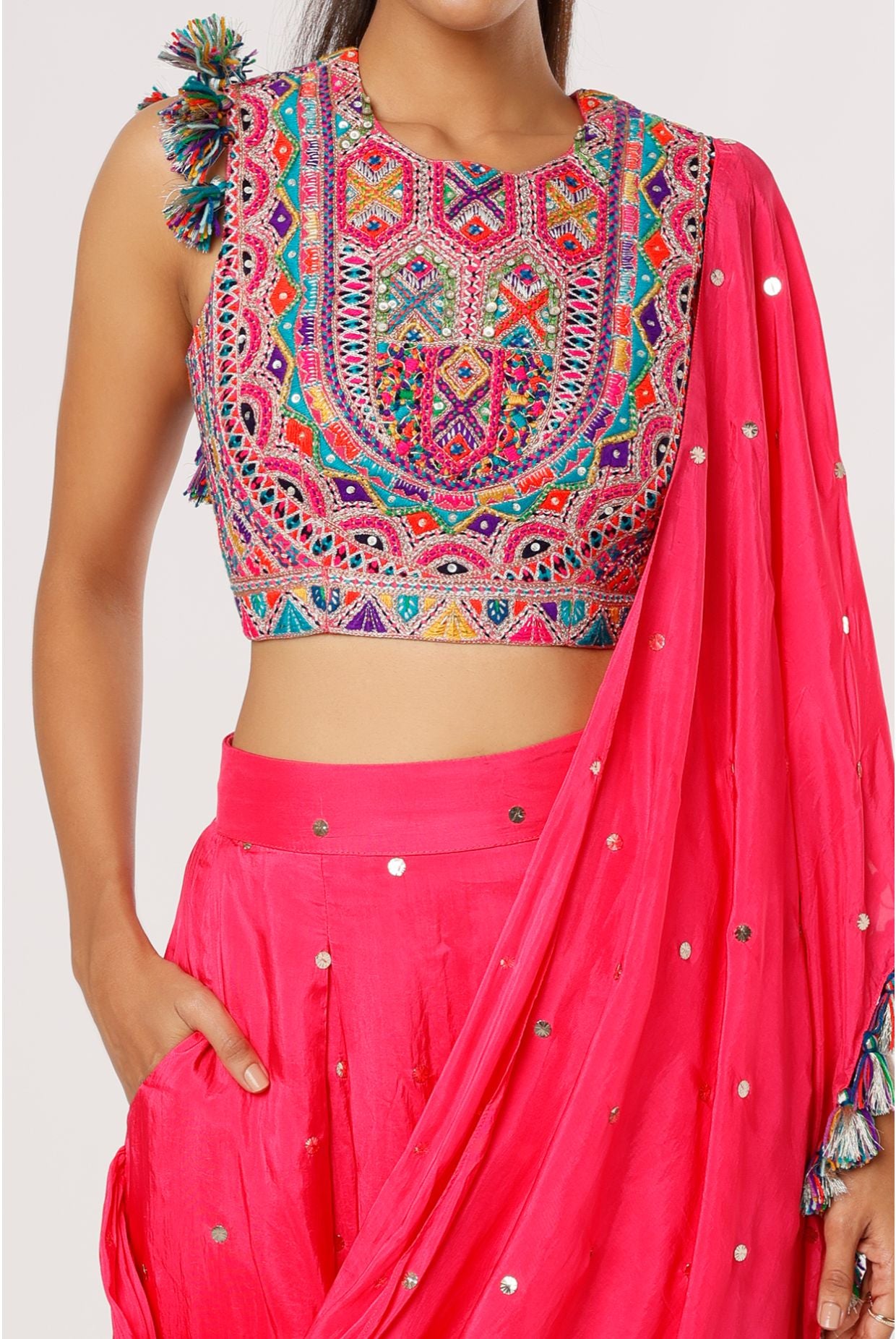 Pink Georgette Embroidered Choli And Mukaish Silk Low Crotch Pant With Attached Drape