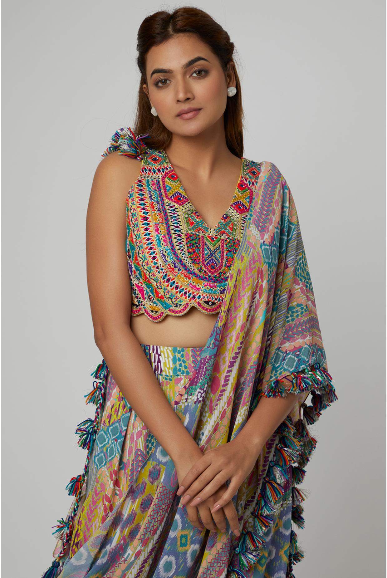 Yellow Embroidered Choli & Low Crotch Pant With Attached Drape