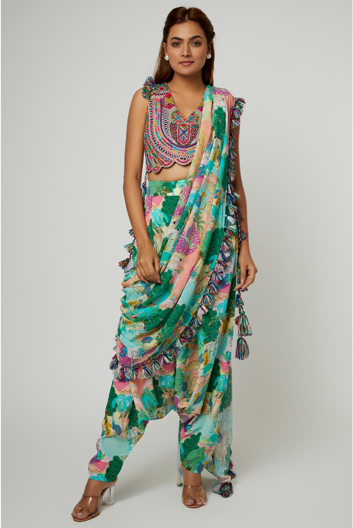 Grey Embroidered Choli & Dhoti With Attached Drape
