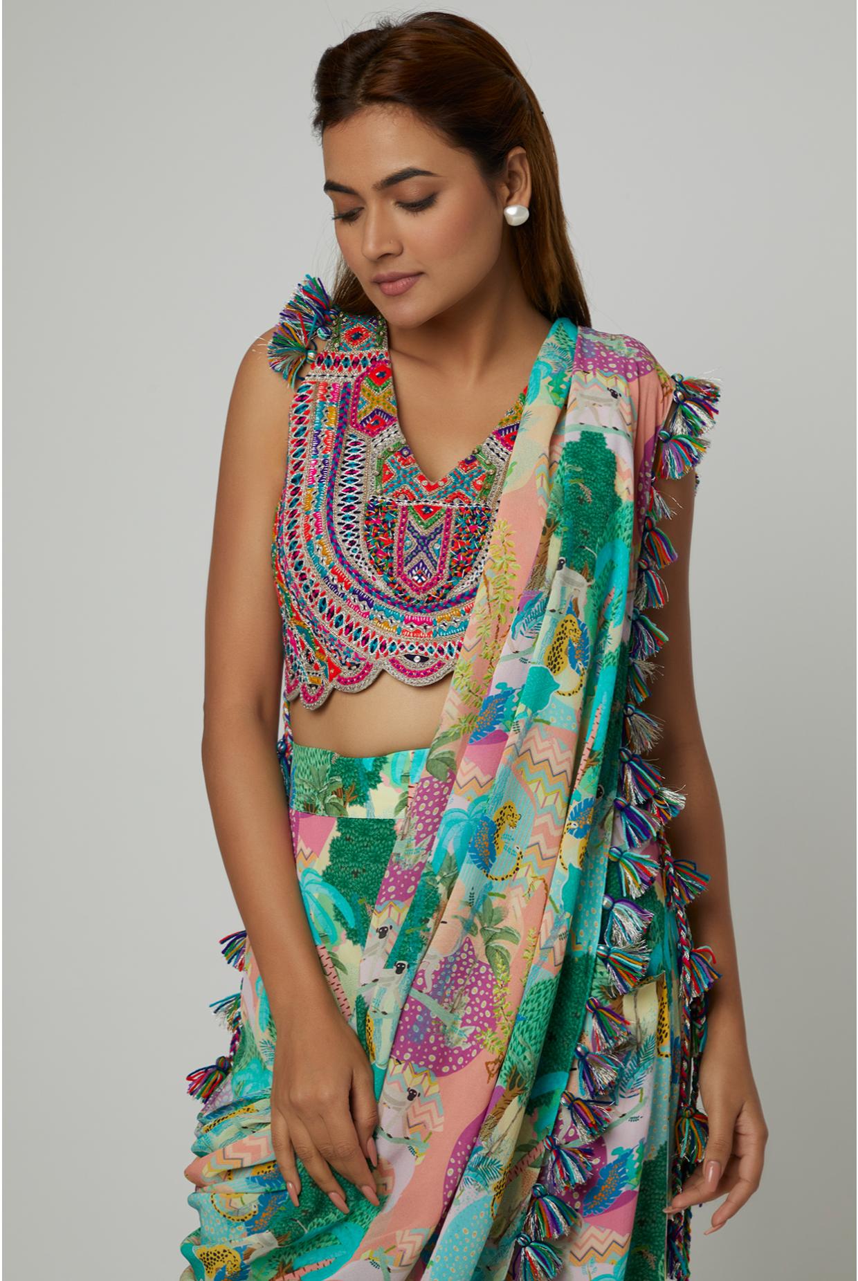 Grey Embroidered Choli & Dhoti With Attached Drape