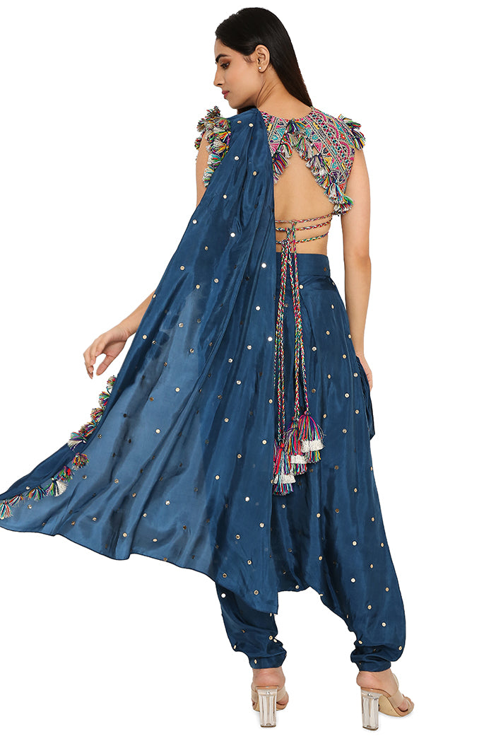 Maori Midnight Blue Colour Embroidered Choli With Mukaish Silk Low Crotch Pants With Attached Drape