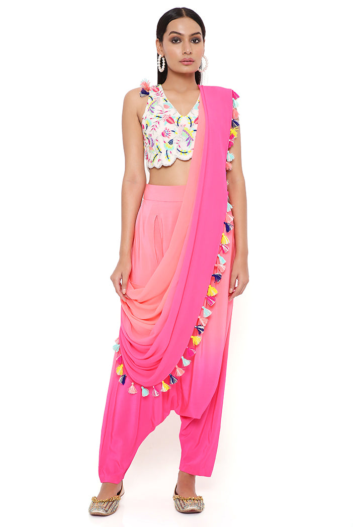 Stone Georgette Embroidered Choli With Coral And Pink Shaded Crepe Low Crotch Pant With Attached Georgette Drape