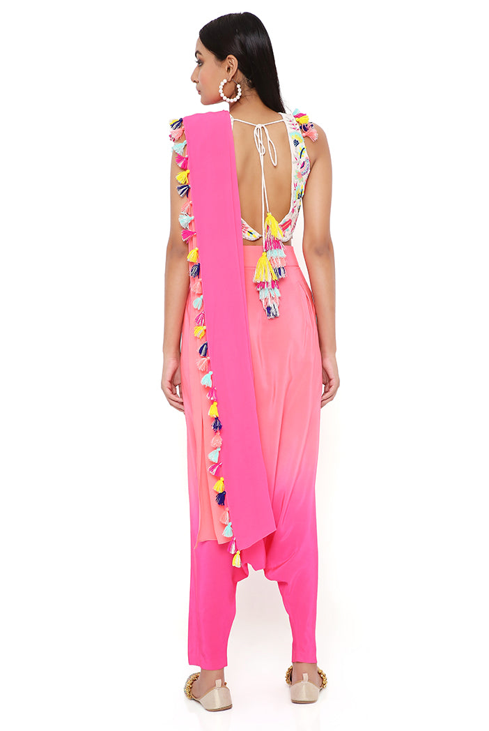 Stone Georgette Embroidered Choli With Coral And Pink Shaded Crepe Low Crotch Pant With Attached Georgette Drape