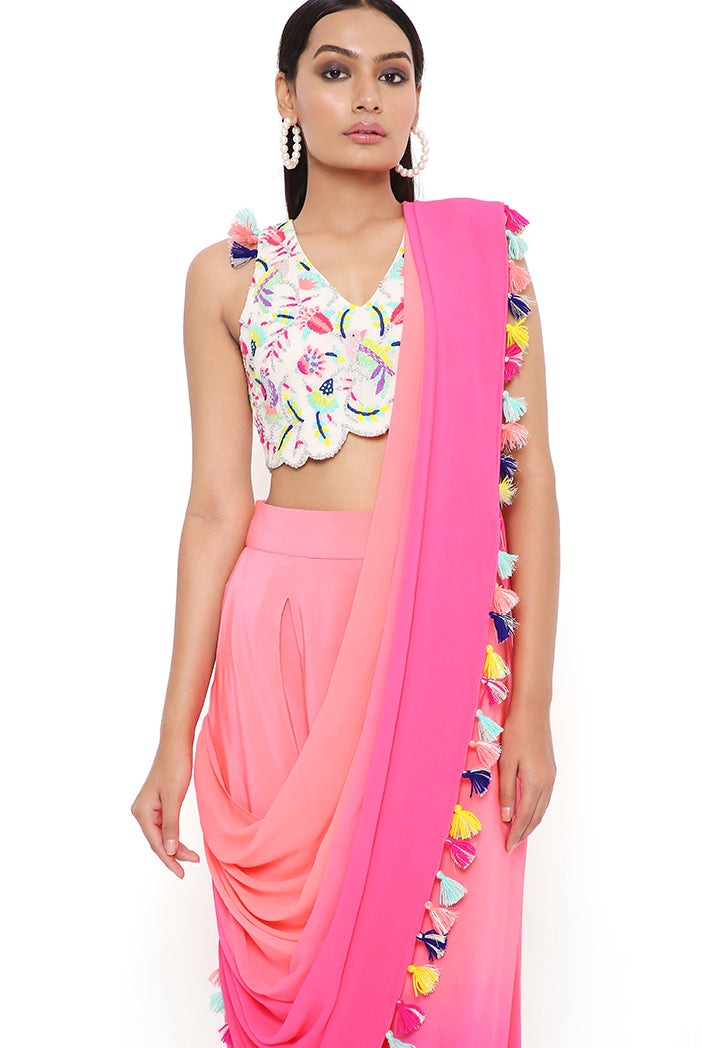 Stone Georgette Embroidered Choli With Coral And Pink Shaded Crepe Low Crotch Pant With Attached Georgette Drape