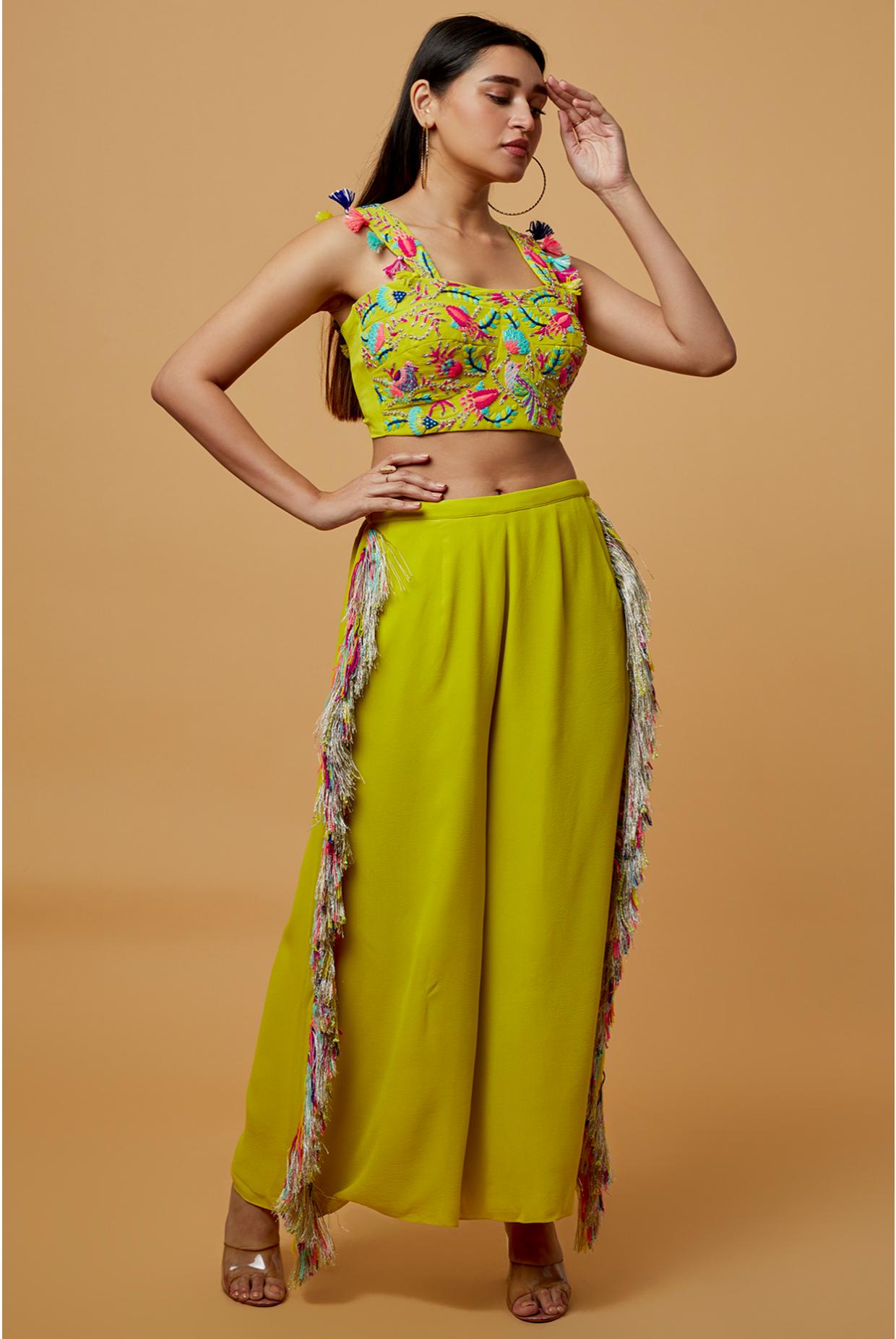 Lime Green Embroidered Bustier With Cropped Culotte Pant