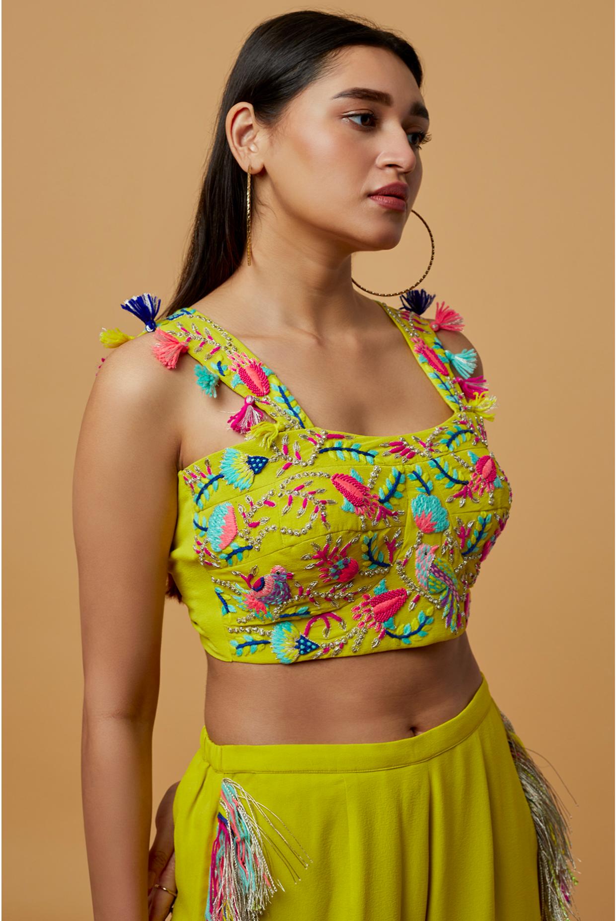 Lime Green Embroidered Bustier With Cropped Culotte Pant