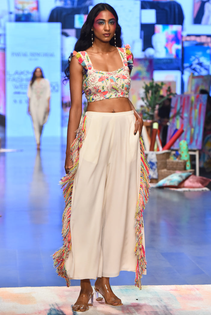 Rene Stone Georgette Embroidered Bustier With Cropped Culotte Pant