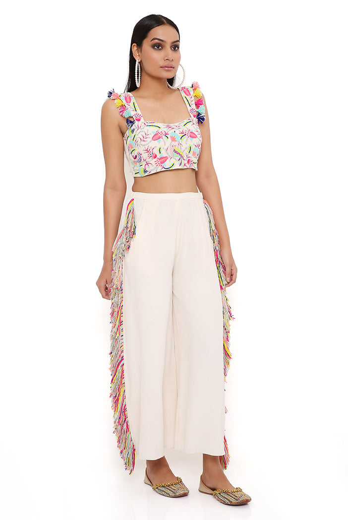 Rene Stone Georgette Embroidered Bustier With Cropped Culotte Pant