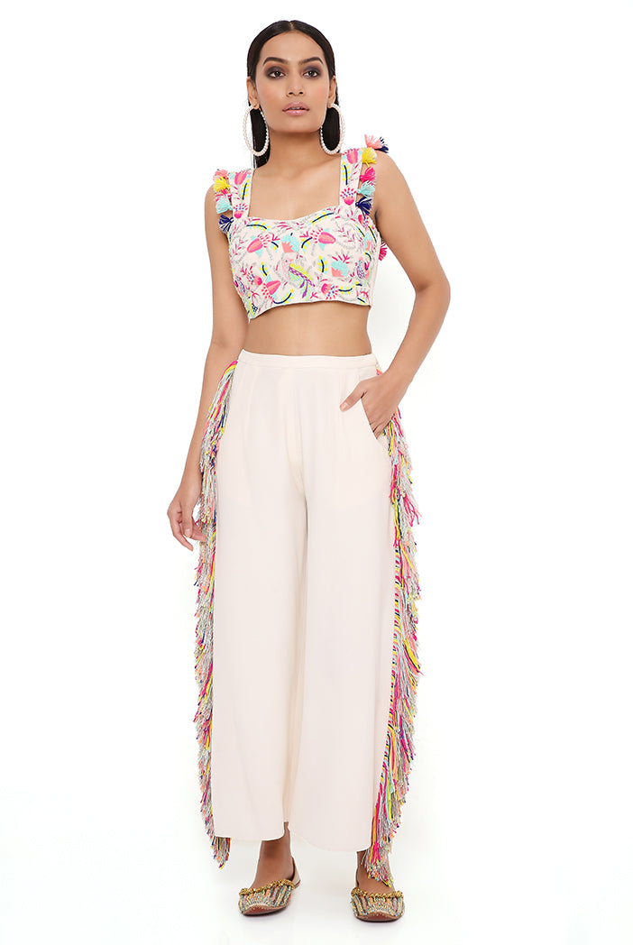 Rene Stone Georgette Embroidered Bustier With Cropped Culotte Pant