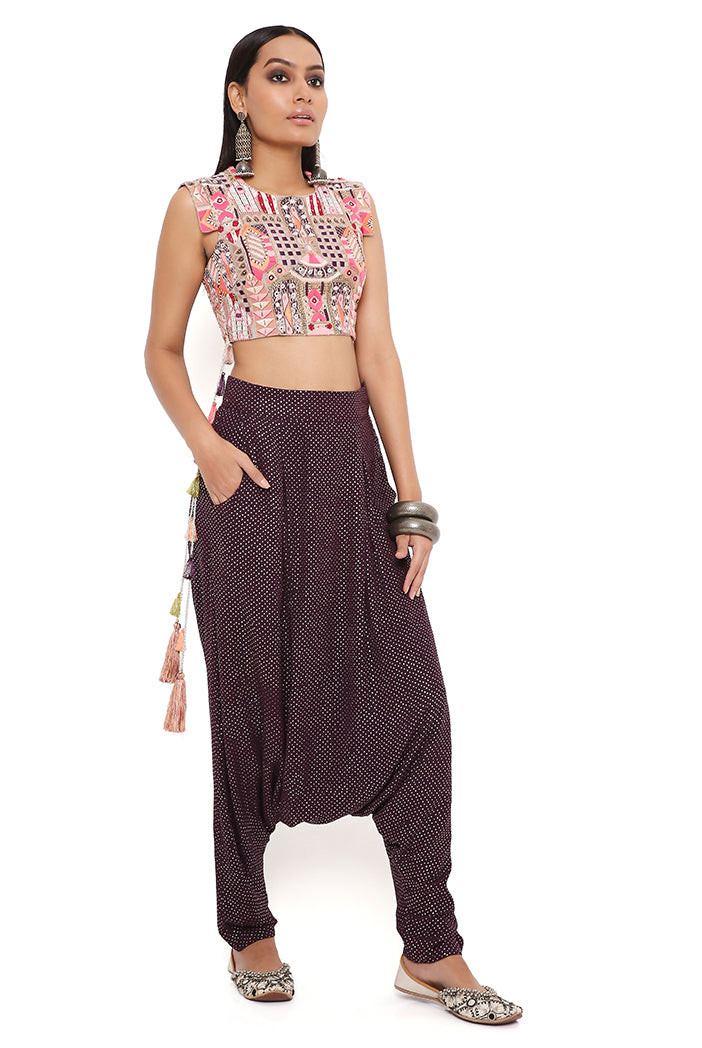 Grey Georgette Embroidered Crop Top With Purple Mukaish Georgette Low Crotch Pant
