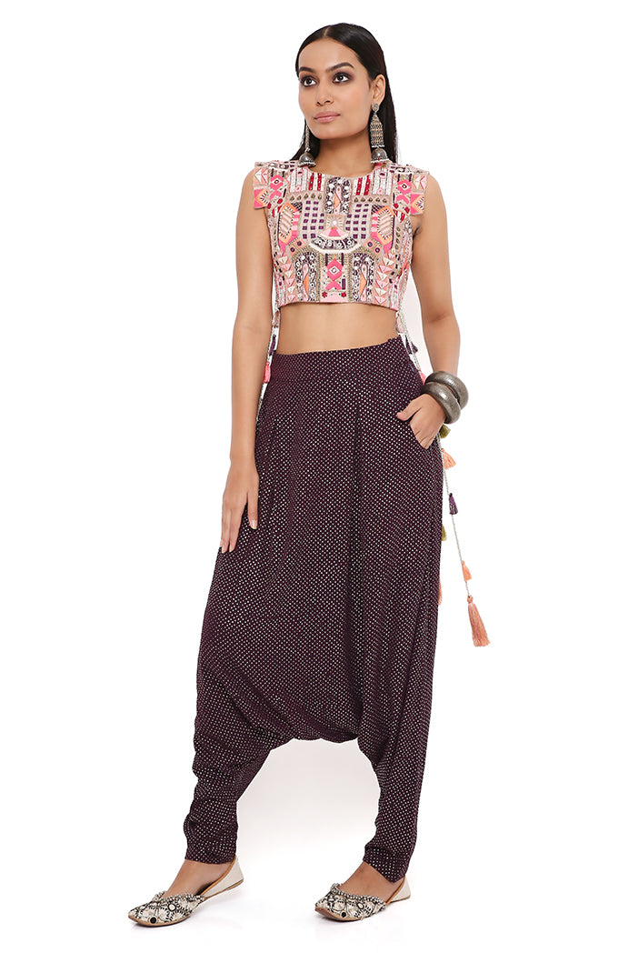 Grey Georgette Embroidered Crop Top With Purple Mukaish Georgette Low Crotch Pant