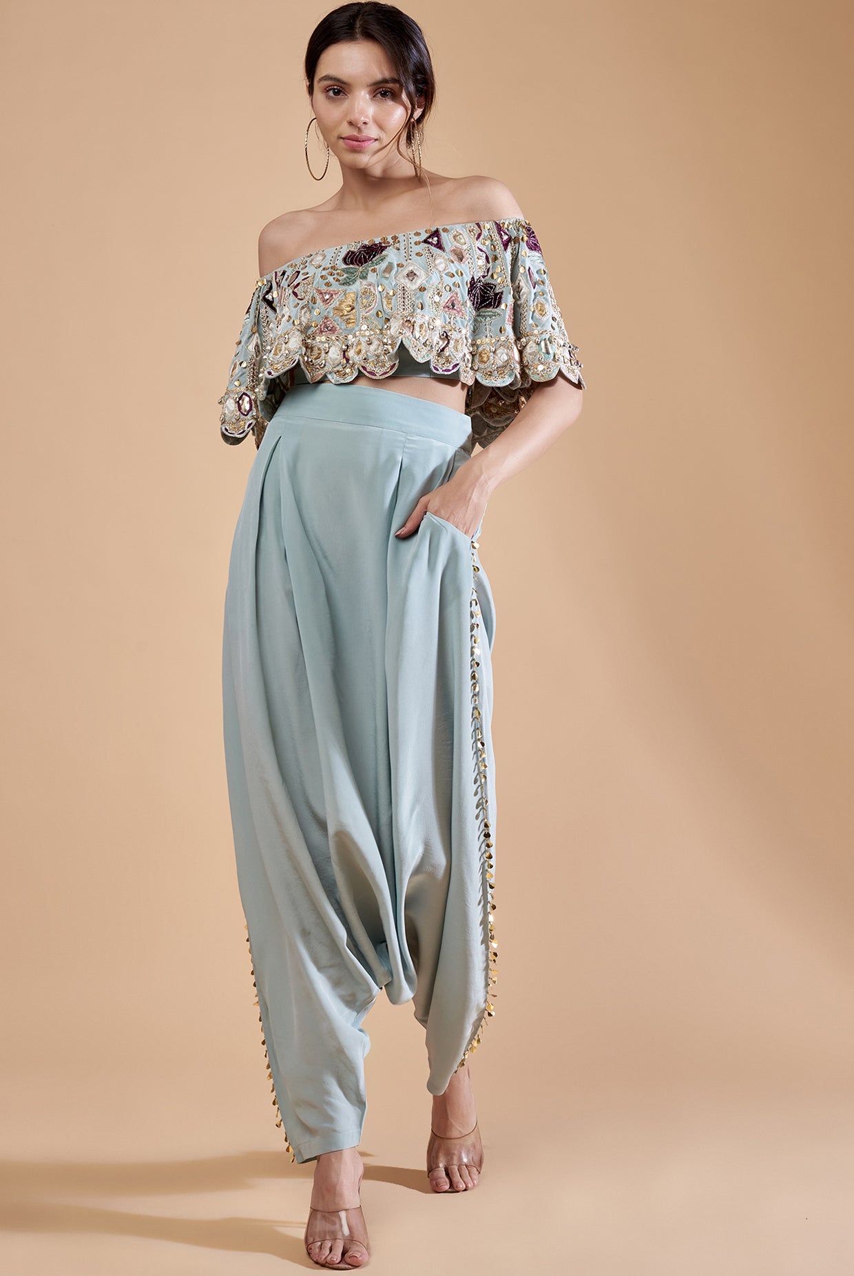 Powder Blue Crepe Embroidered Off Shoulder Top With Low Crotch Pant