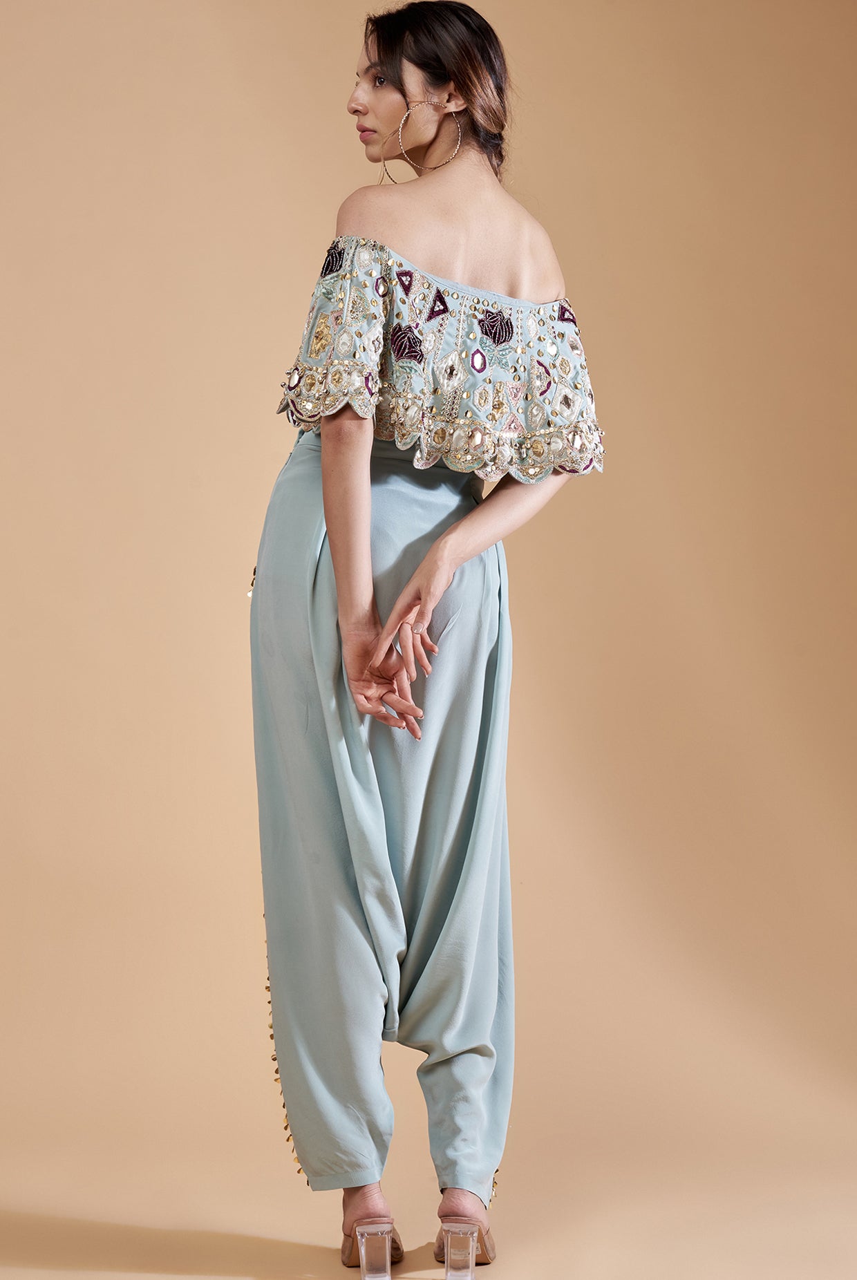 Powder Blue Crepe Embroidered Off Shoulder Top With Low Crotch Pant