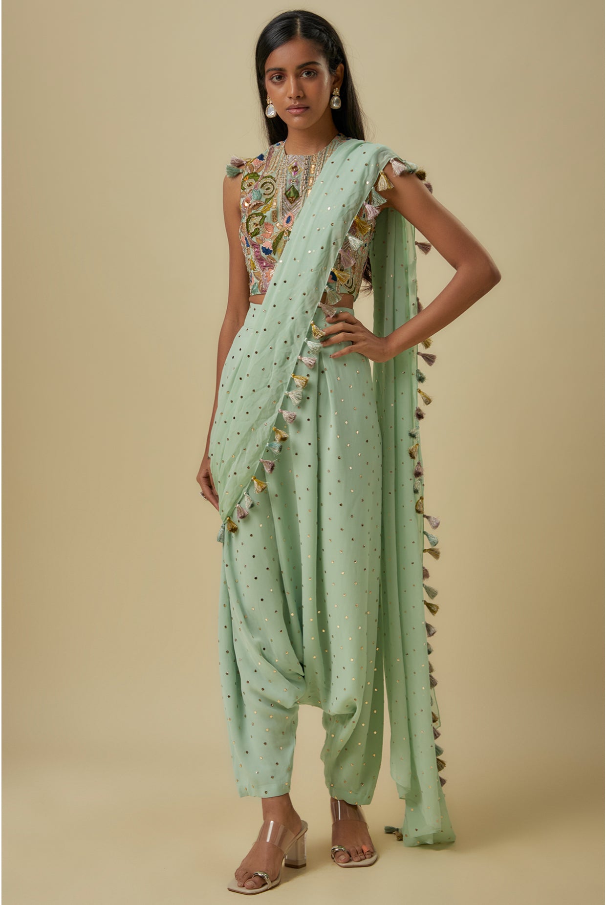 Mint Embroidered Georgette Choli With Heavy Mukaish Georgette Dhoti Saree.