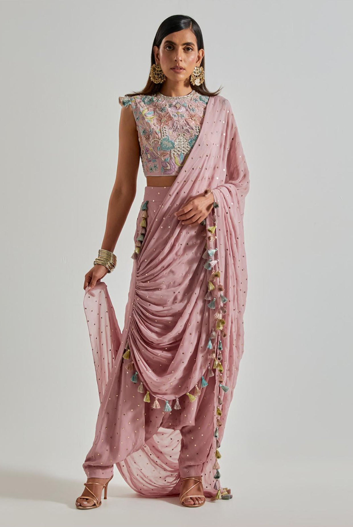 Lilac Choli with Mukaish Low Crotch Pants & Drape