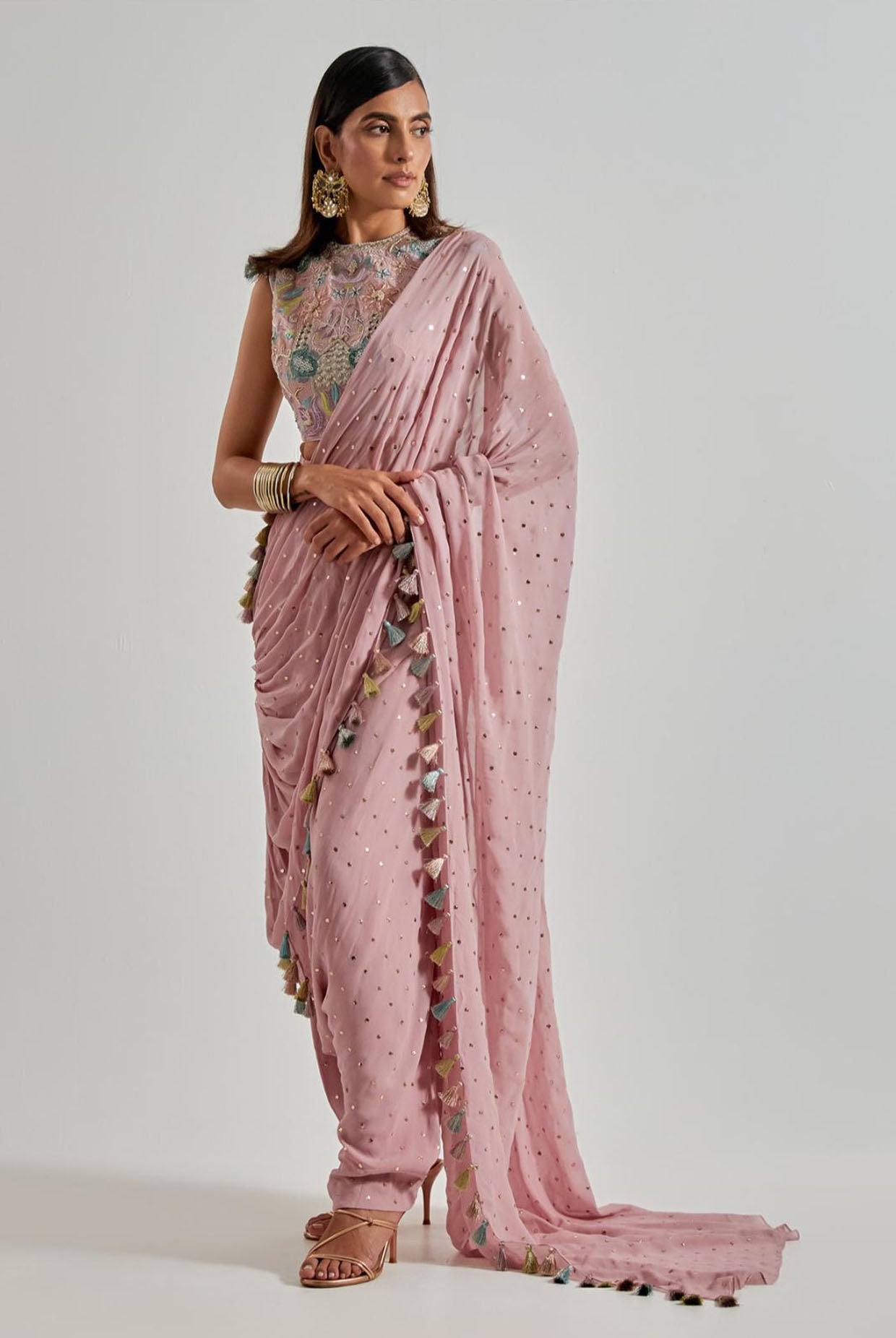 Lilac Choli with Mukaish Low Crotch Pants & Drape