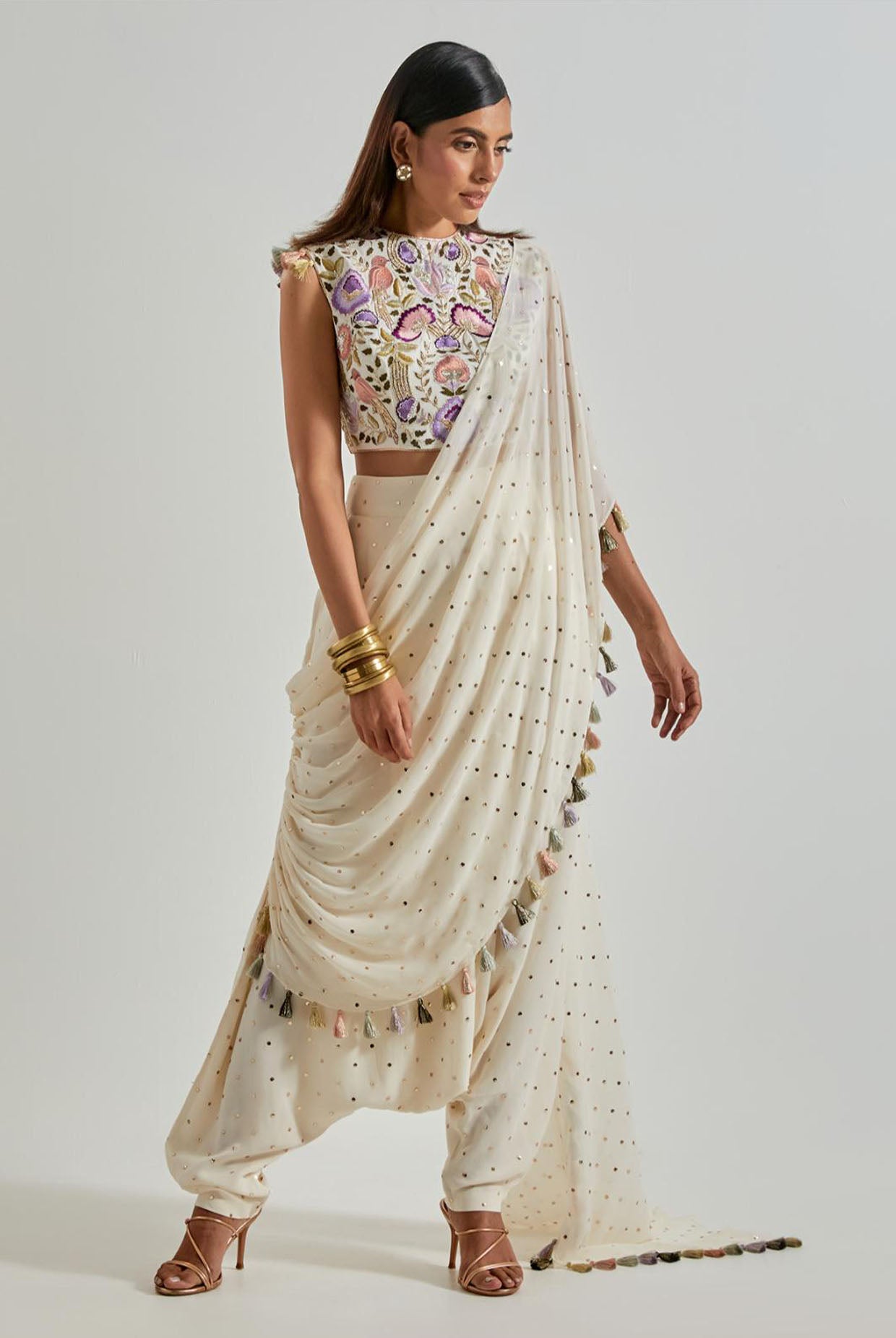 Off-White Choli with Drape & Low-Crotch Pants