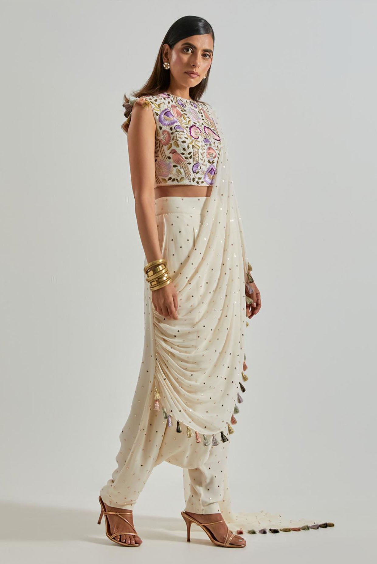 Off-White Choli with Drape & Low-Crotch Pants