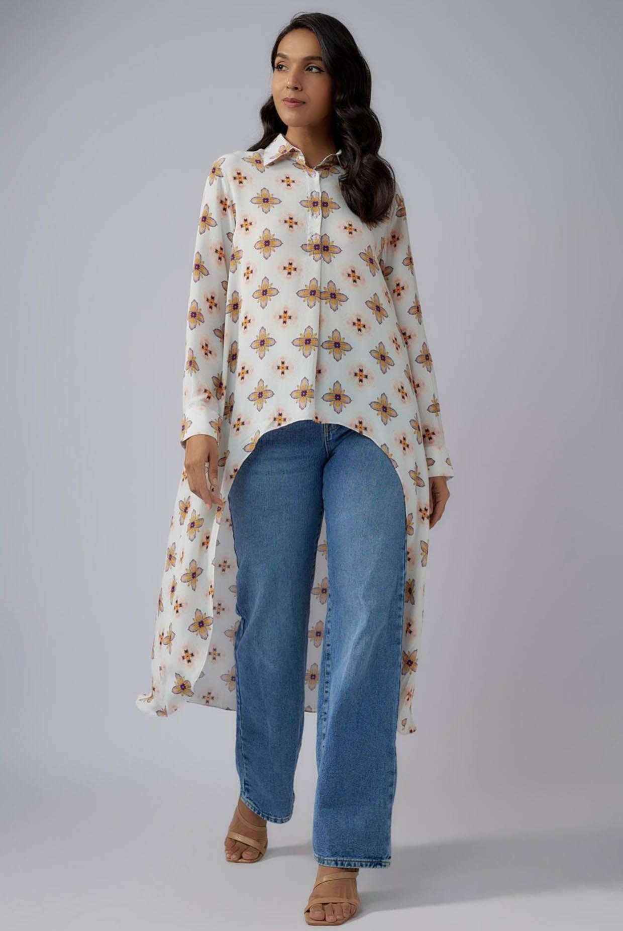 Ivory Printed Crepe High Low Tunic