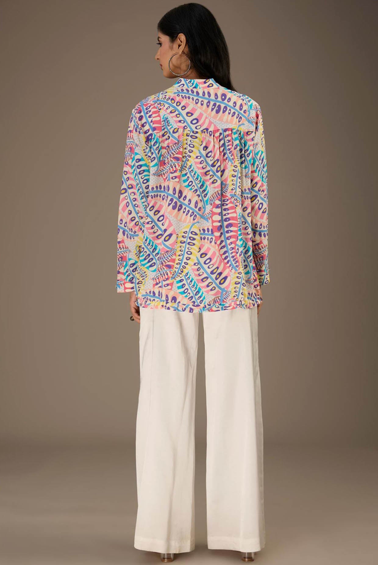 Blue Printed Crepe Top With Waist Tie Up