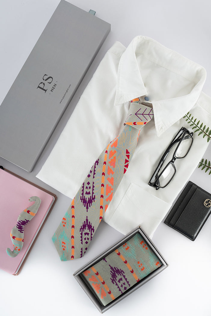 PS Men Grey Ikat Stripe Print Crepe Tie with Matching Moustache Pin/Broach and Silkmul Pocket Square (Set of 3)