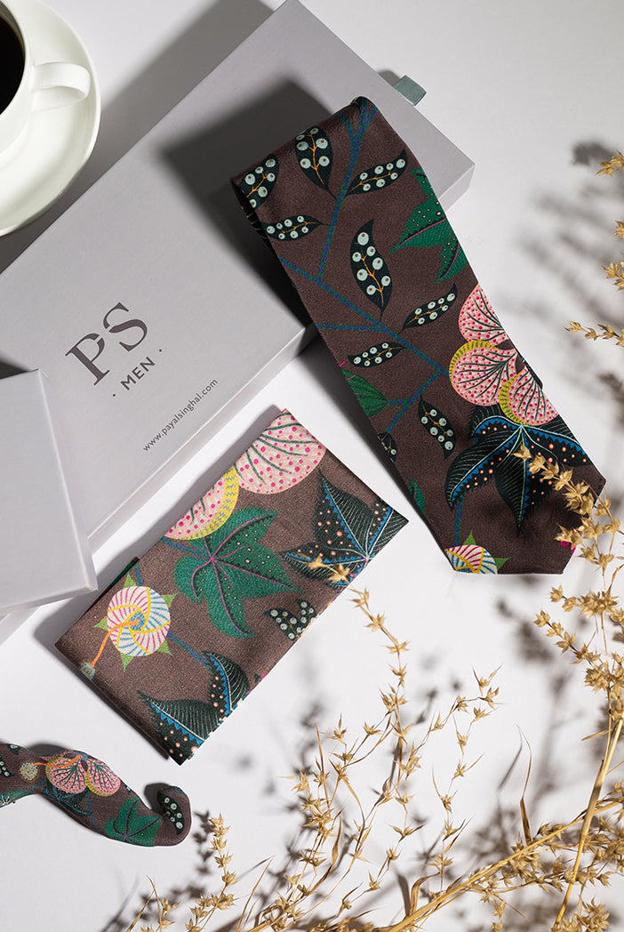 PS Men Brown Abutilon Print Crepe Tie with Matching Moustache Pin/Broach and Silkmul Pocket Square (Set of 3)