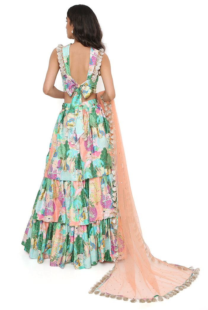 Peach Kuno Print Dupion Silk Bustier And Ruffle Skirt And Peach Net Dupatta