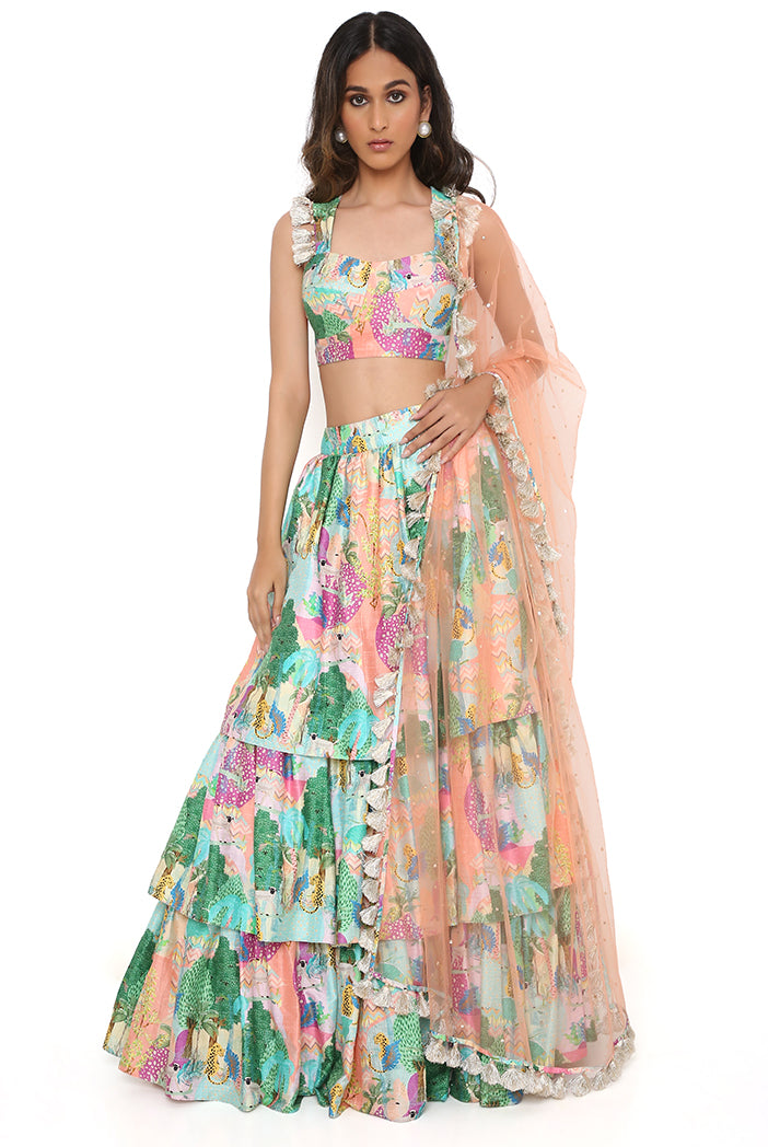 Peach Kuno Print Dupion Silk Bustier And Ruffle Skirt And Peach Net Dupatta