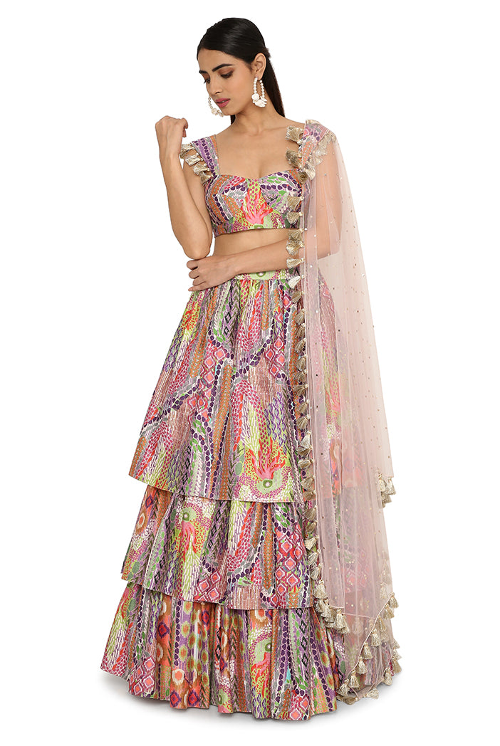 Zoha African Print Dupion Silk Bustier And Ruffled Skirt With Baby Pink Net Dupatta