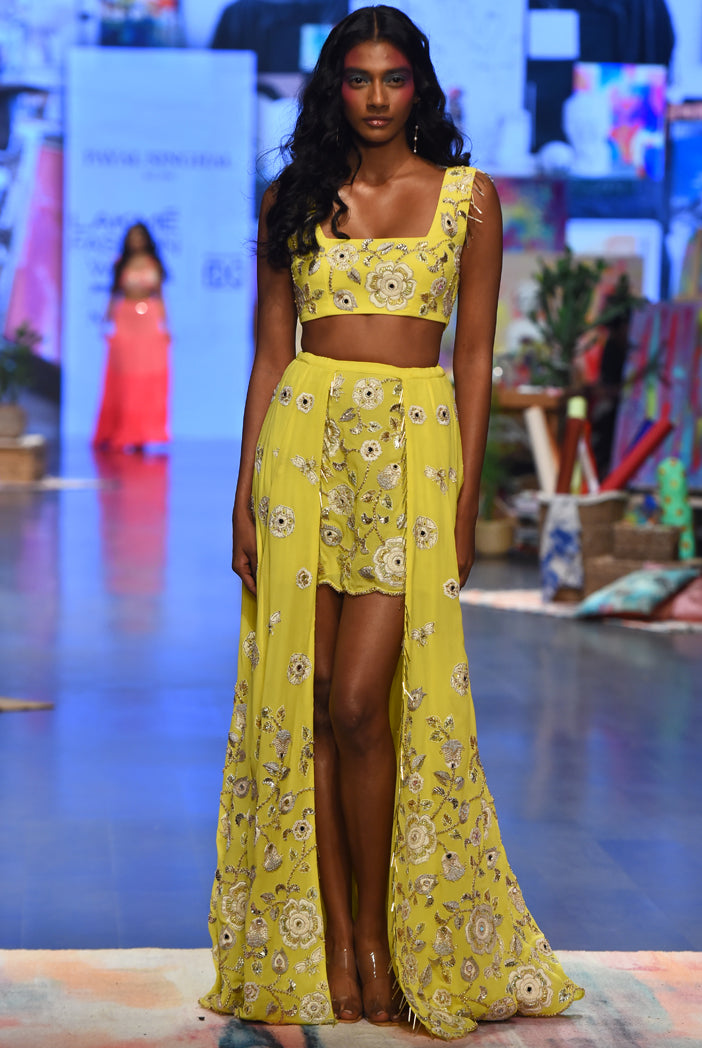 Sarah Yellow Georgette Embroidered Top And Skirt With Mukaish Net Dupatta