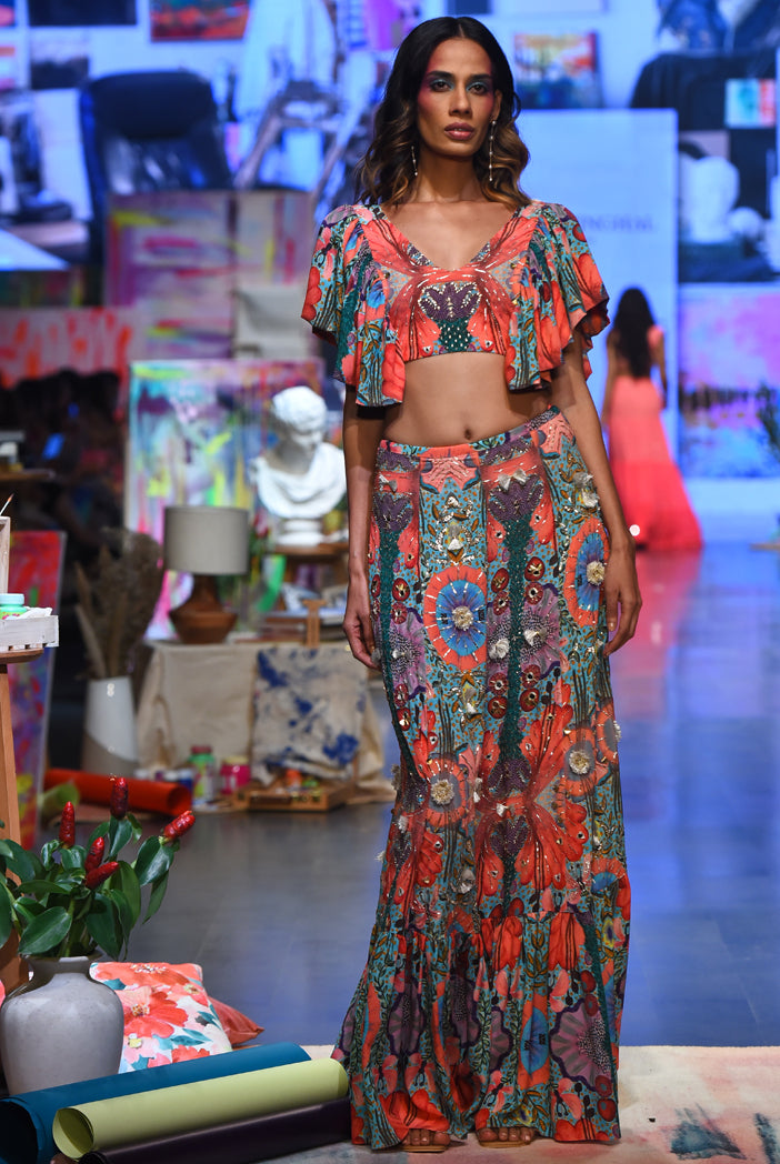 Noelle Red Enchanted Print Crepe Embroidered Top With Frill Hem Skirt