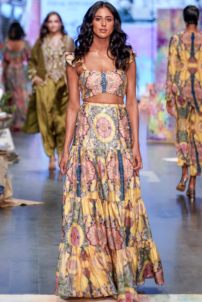 Alice Yellow Enchanted Print Dupion Silk Embroidered Bustier And Layered Skirt