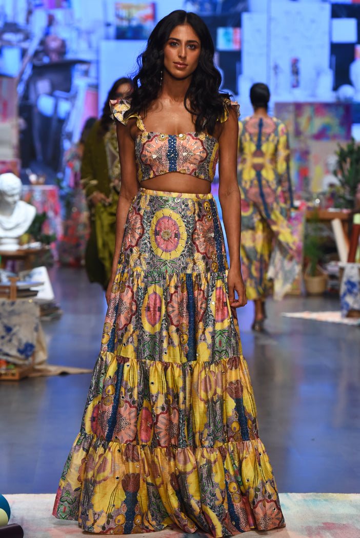 Alice Yellow Enchanted Print Dupion Silk Embroidered Bustier And Layered Skirt