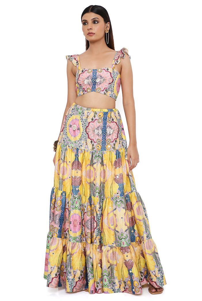 Alice Yellow Enchanted Print Dupion Silk Embroidered Bustier And Layered Skirt